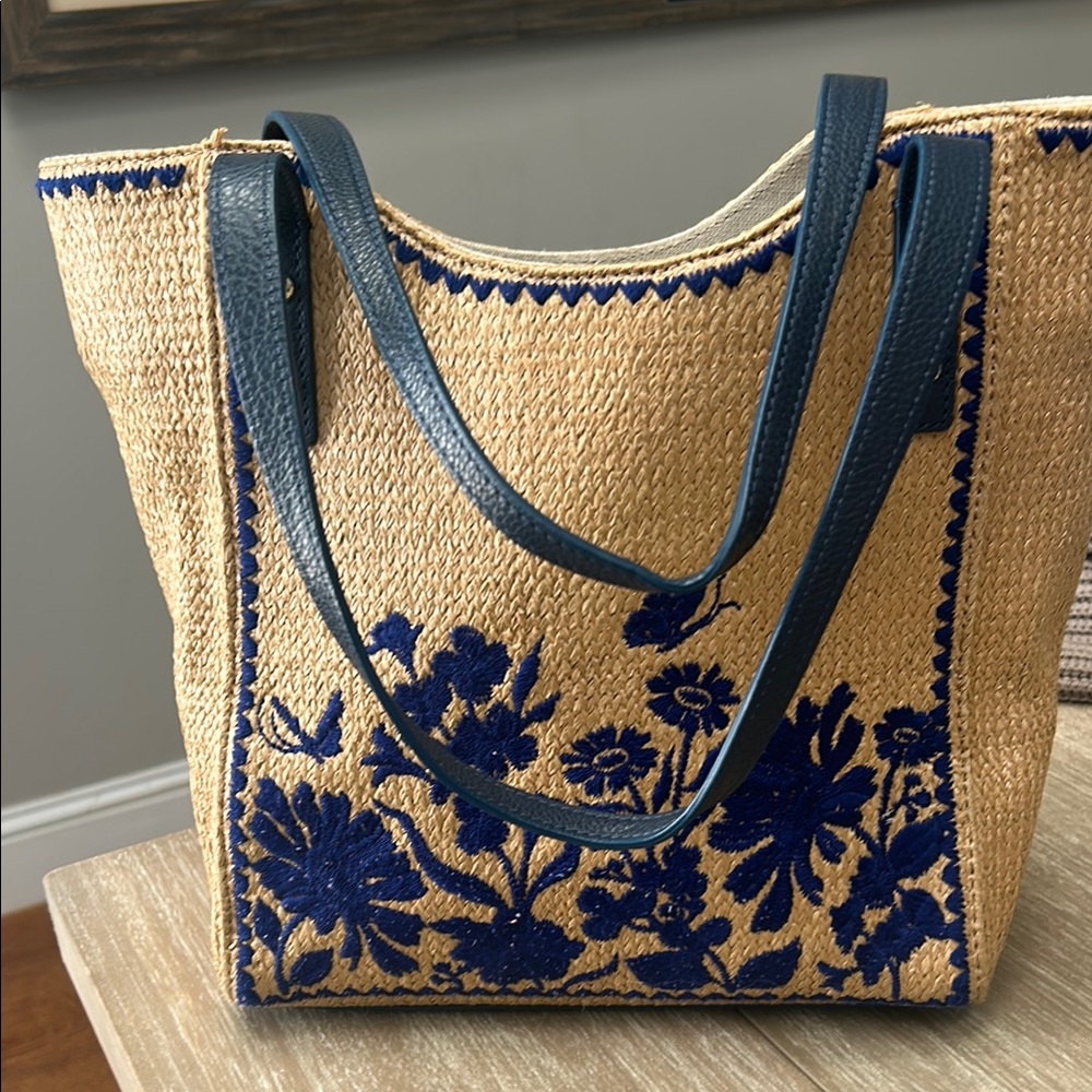 Navy Blue Floral Straw Tote Bag
